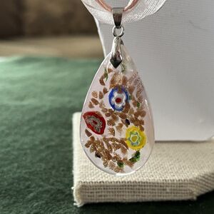 Millefiori Glass Teardrop Pendant Pink & Multicolor Jewelry 20" Adjust Necklace